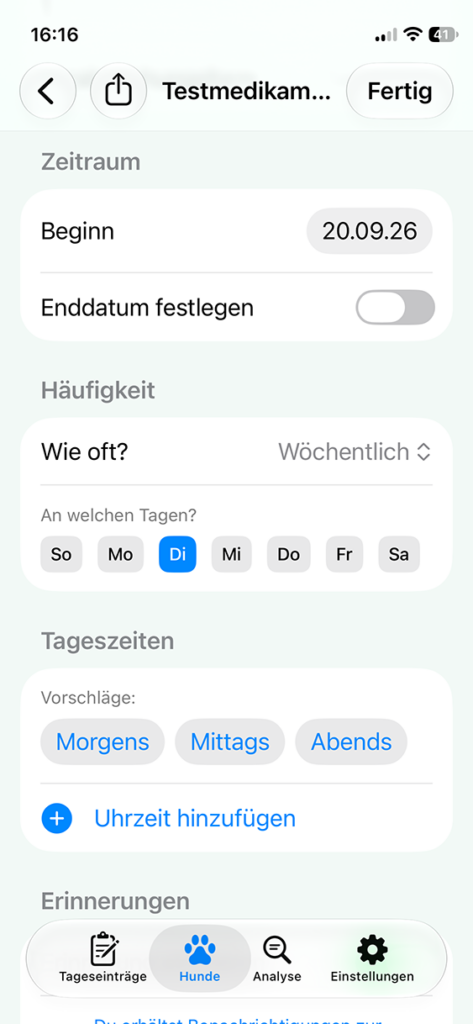 Hundeherz-App: Medikamentenplan mit Erinnerungen an die Verabreichungszeiten