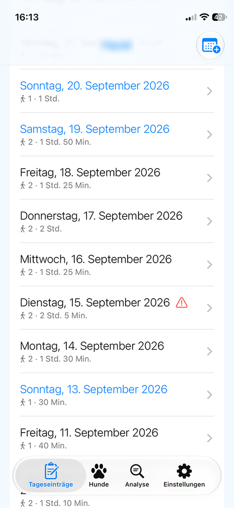 Hundeherz-App: Tagebuch-Ansicht mit Einträgen zu Aktivitäten, Fütterung und Ausscheidungen